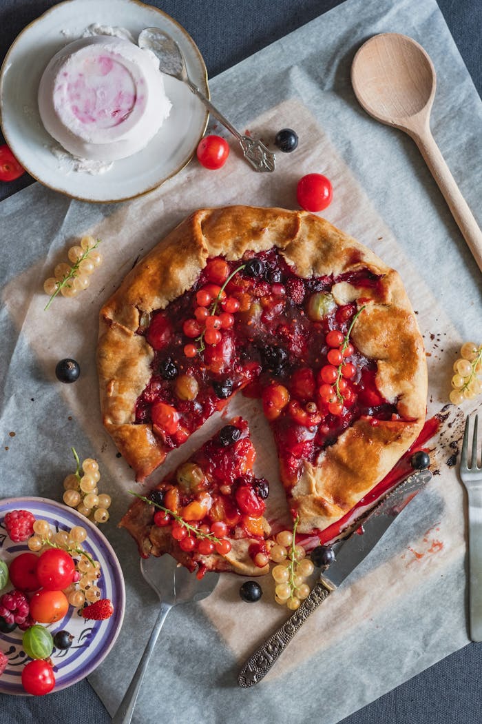services-bg Delicious rustic mixed berry galette with currants and raspberries on parchment paper.